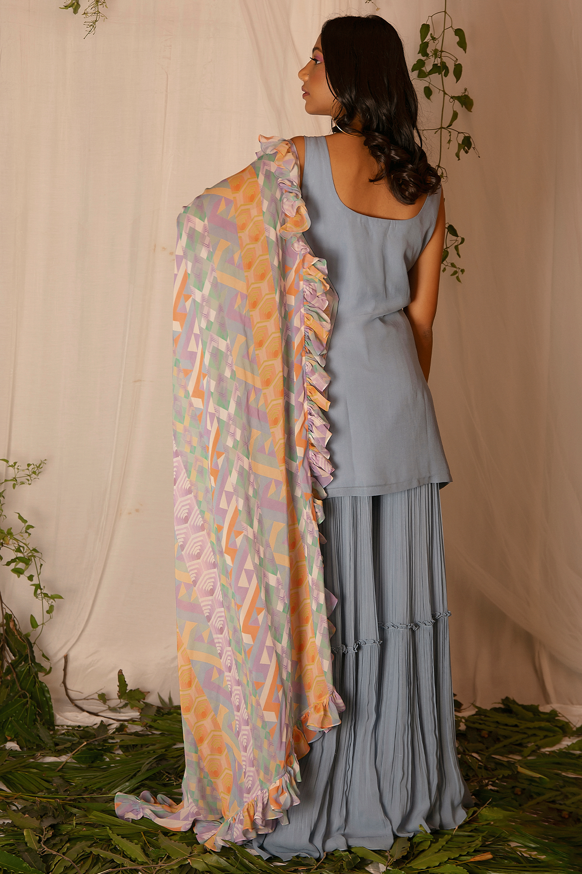 Hand-embroidered Kurta with Tiered Sharara and Ruffled Dupatta