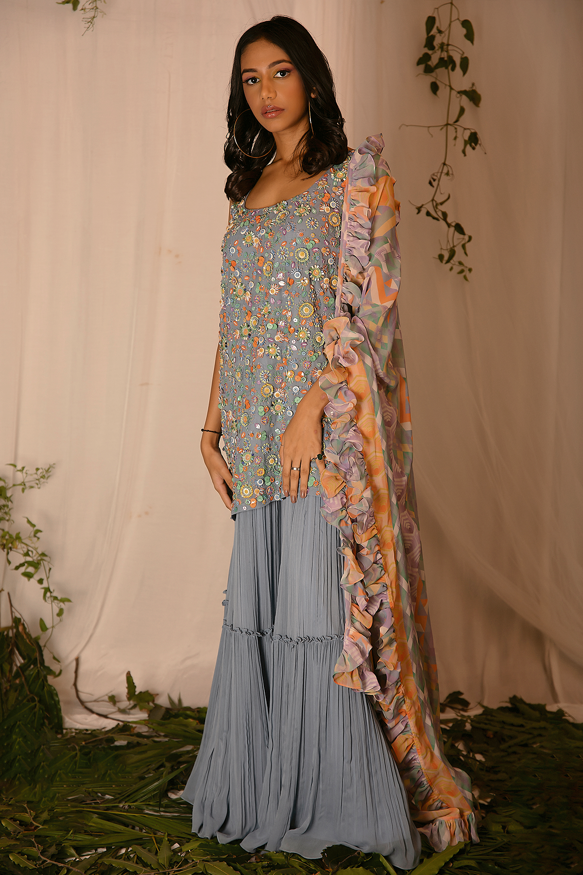 Hand-embroidered Kurta with Tiered Sharara and Ruffled Dupatta