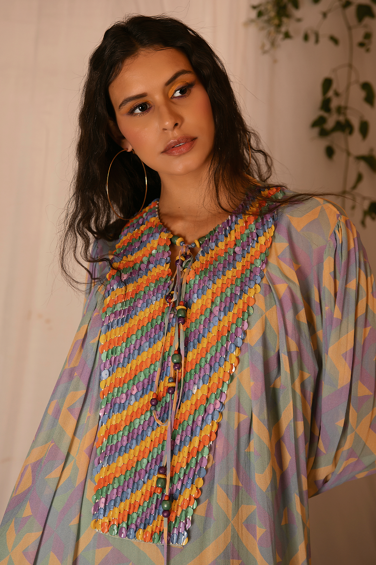 Hand-embroidered Printed Kaftan with Slip