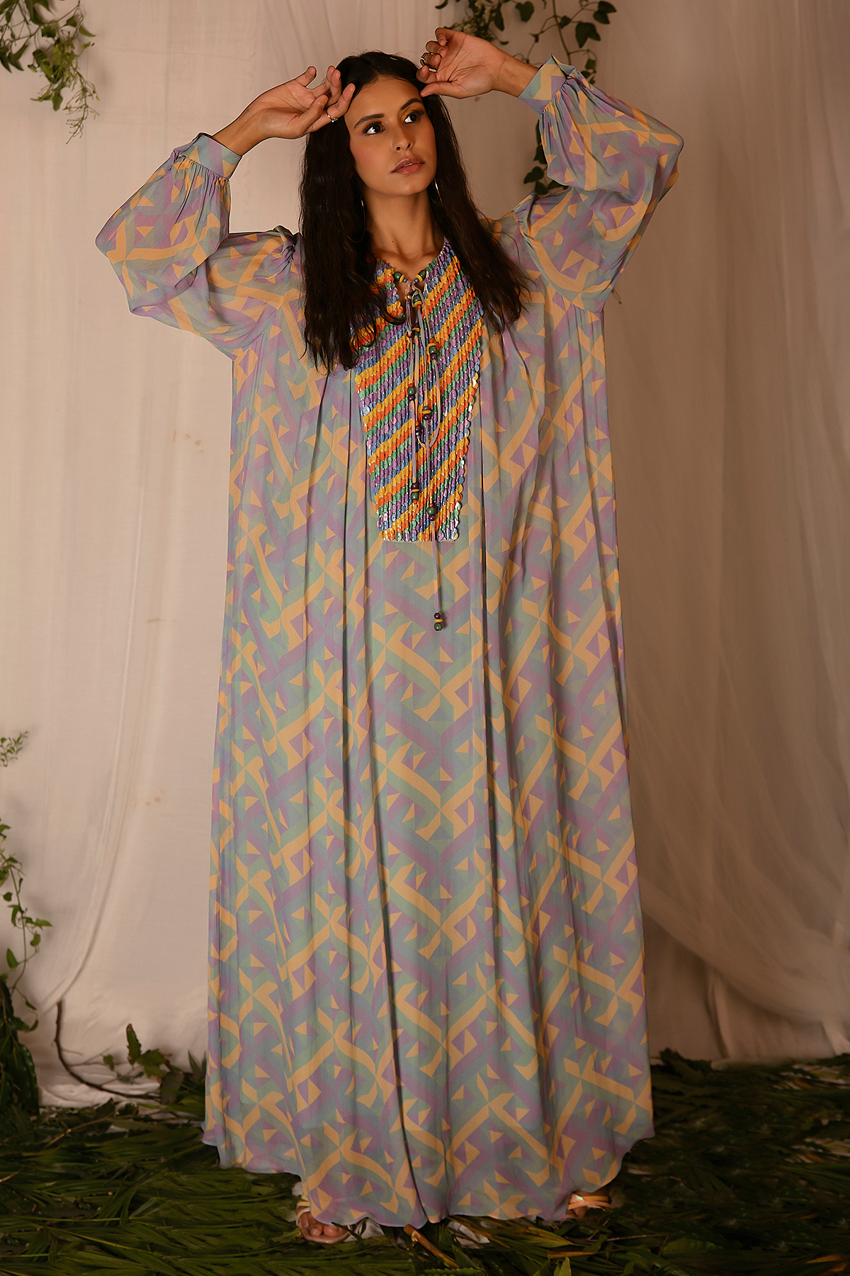 Hand-embroidered Printed Kaftan with Slip