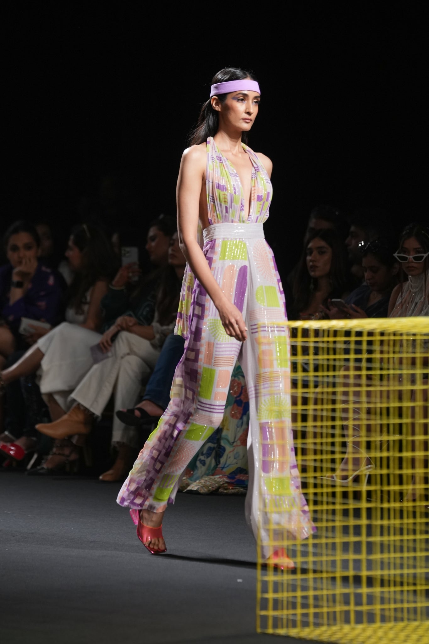 Geometric Printed Deep Halter Neck Tie up Jumpsuit