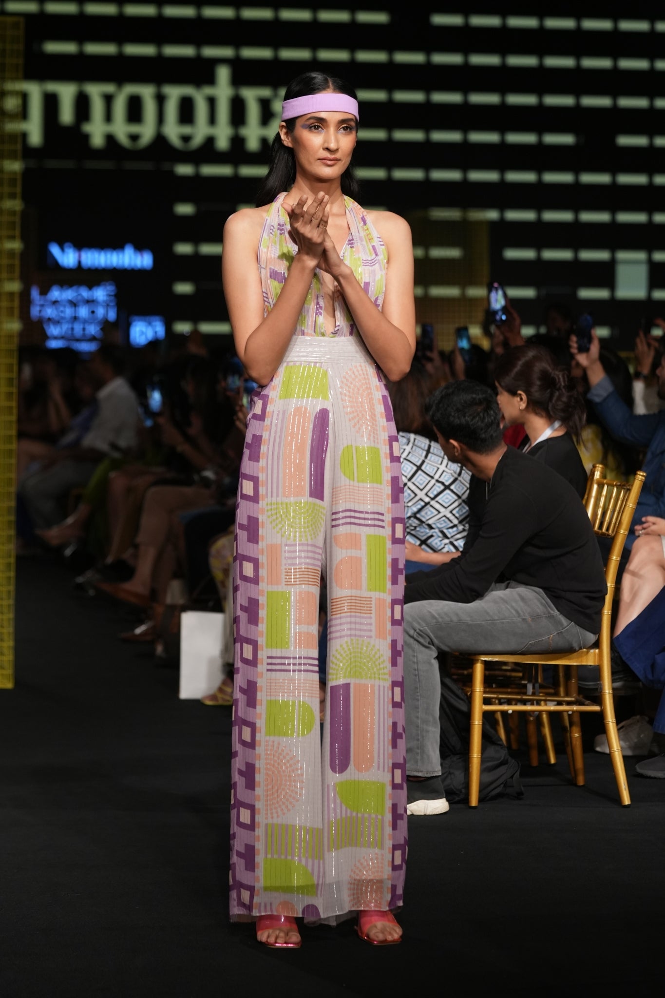 Geometric Printed Deep Halter Neck Tie up Jumpsuit