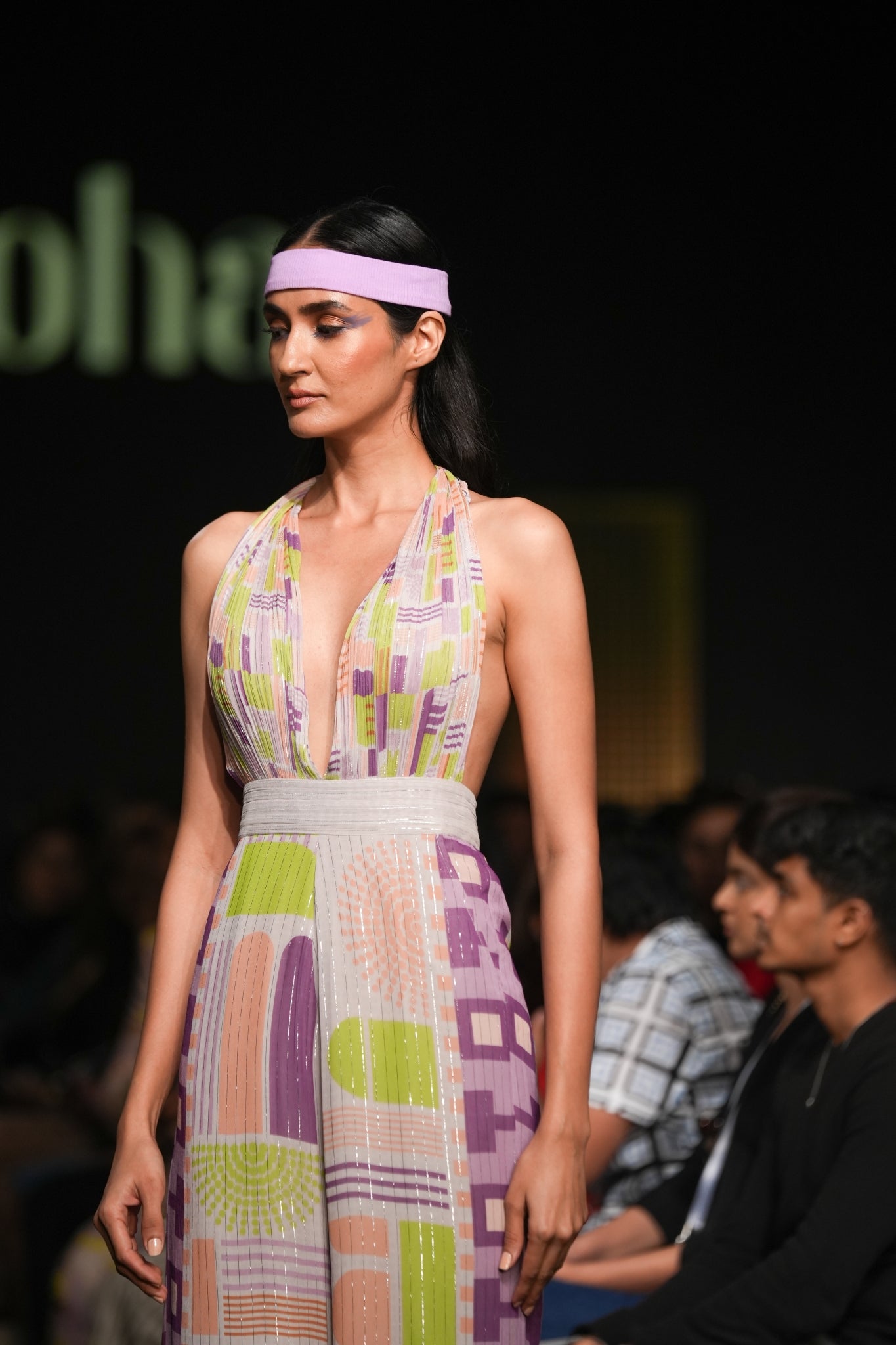 Geometric Printed Deep Halter Neck Tie up Jumpsuit