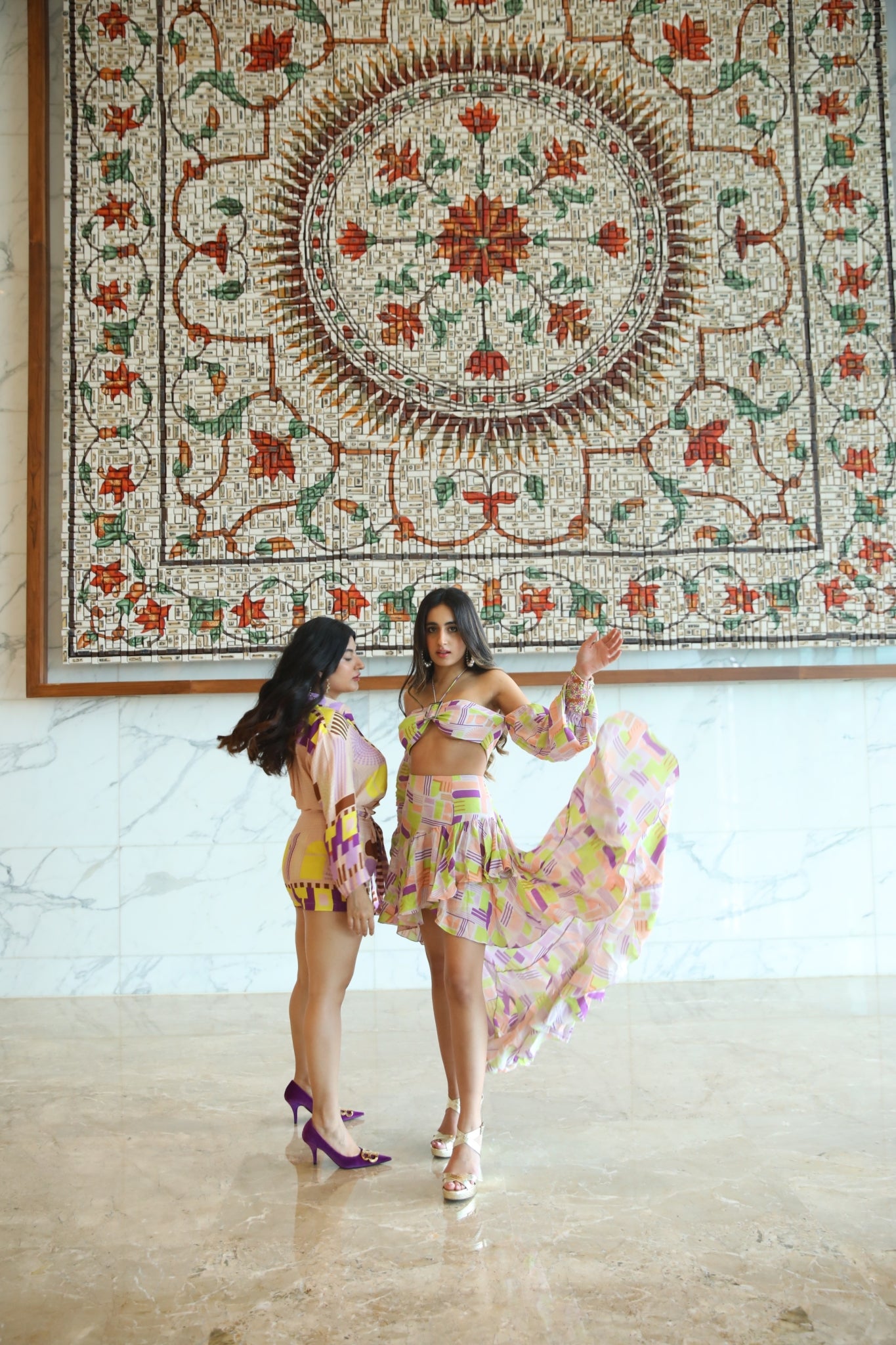 Tanya Tuli in Geometric Printed Bralet with Buckle and Hand Embroidery Paired with Asymmetrical Skirt with ruffles from Magical Wilderness Collection
