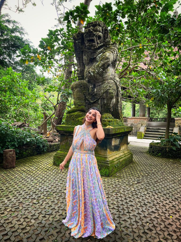 Shruti Yogi in Halter Neck Cording Maxi in Multi-Geo Print from Retro-Spection Collection