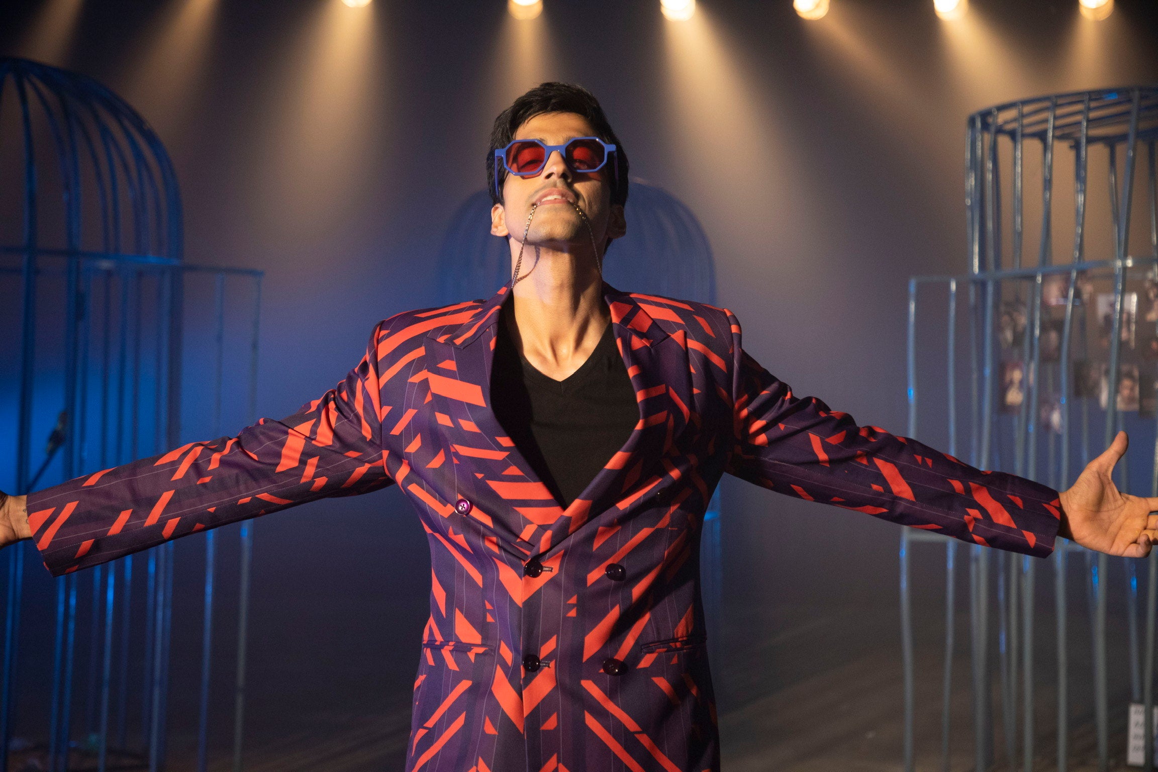 Chaitanya Sharma in Our Violet and orange Blazer and Pants Set from Caged Kalidoscope Collection