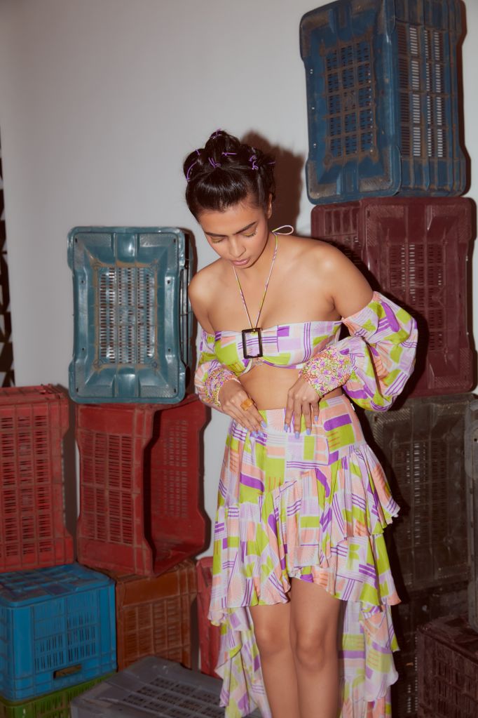 Geometric Printed Asymmetrical Skirt with ruffles - Sale