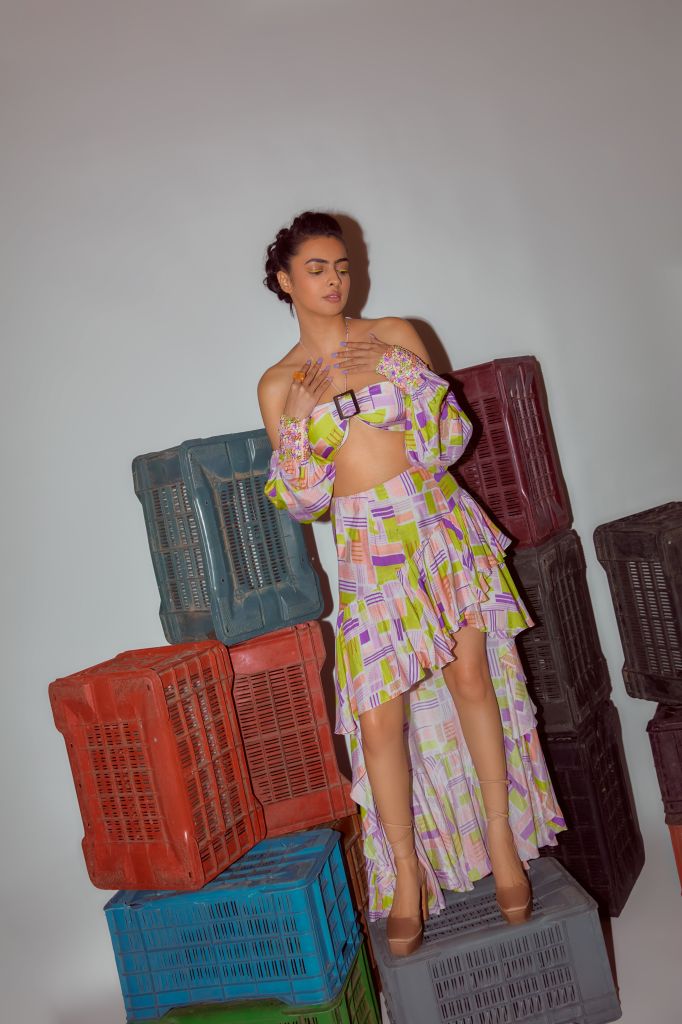 Geometric Printed Bralet with Buckle and Hand Embroidered Cuff - Sale