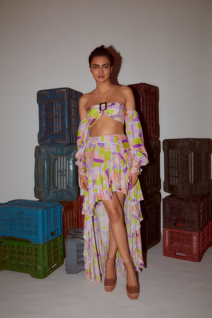 Geometric Printed Asymmetrical Skirt with ruffles - Sale