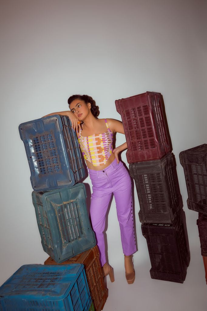 Geometric Printed Denim Corest Top - Sale