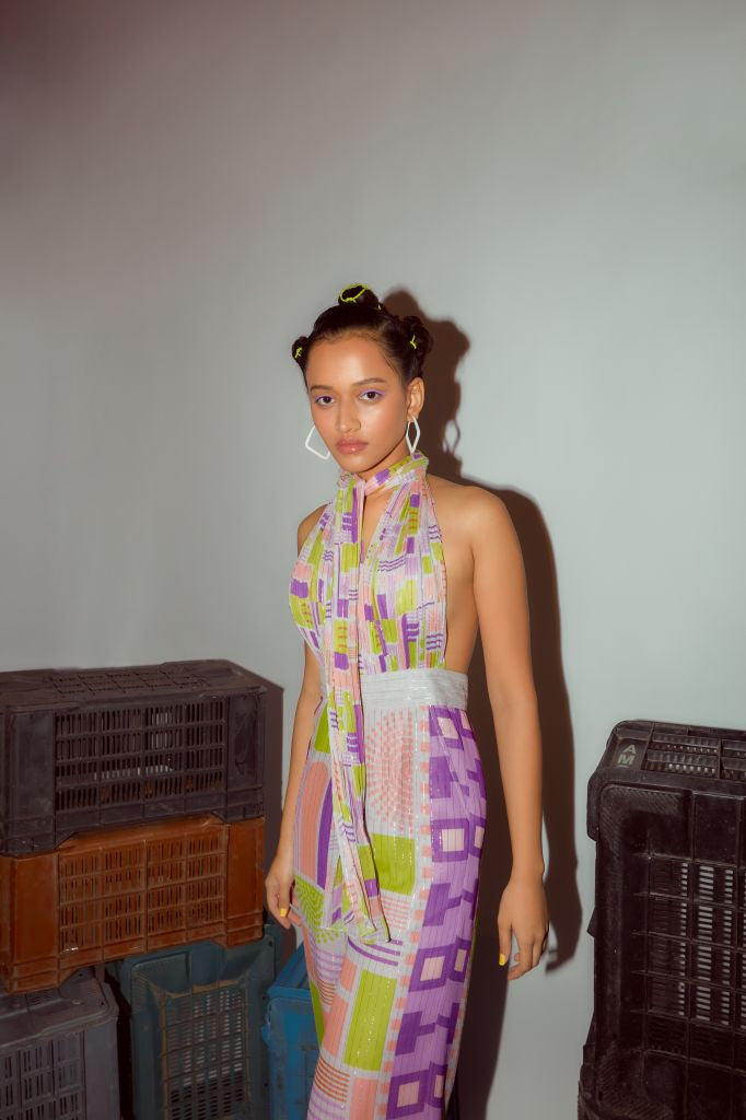 Geometric Printed Deep Halter Neck Tie up Jumpsuit