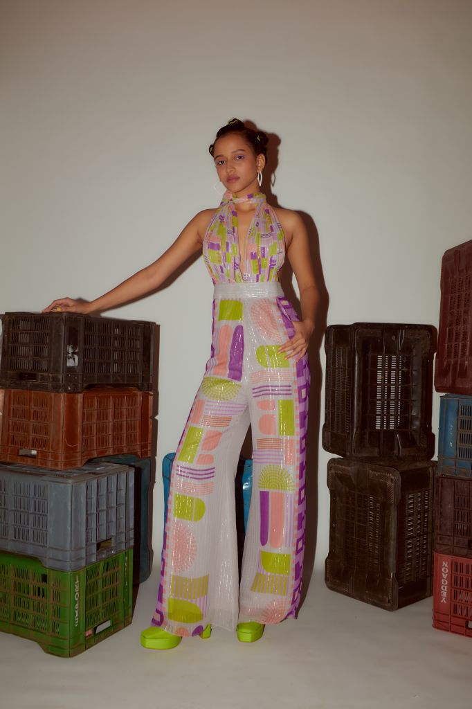 Geometric Printed Deep Halter Neck Tie up Jumpsuit