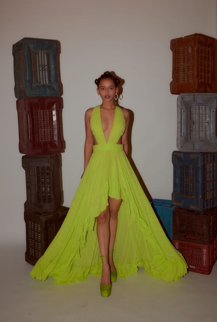 Lime Green Asymmetrical Ruffle Dress with Side Cutout detailing and Hand Embroidered Tassels - Sale