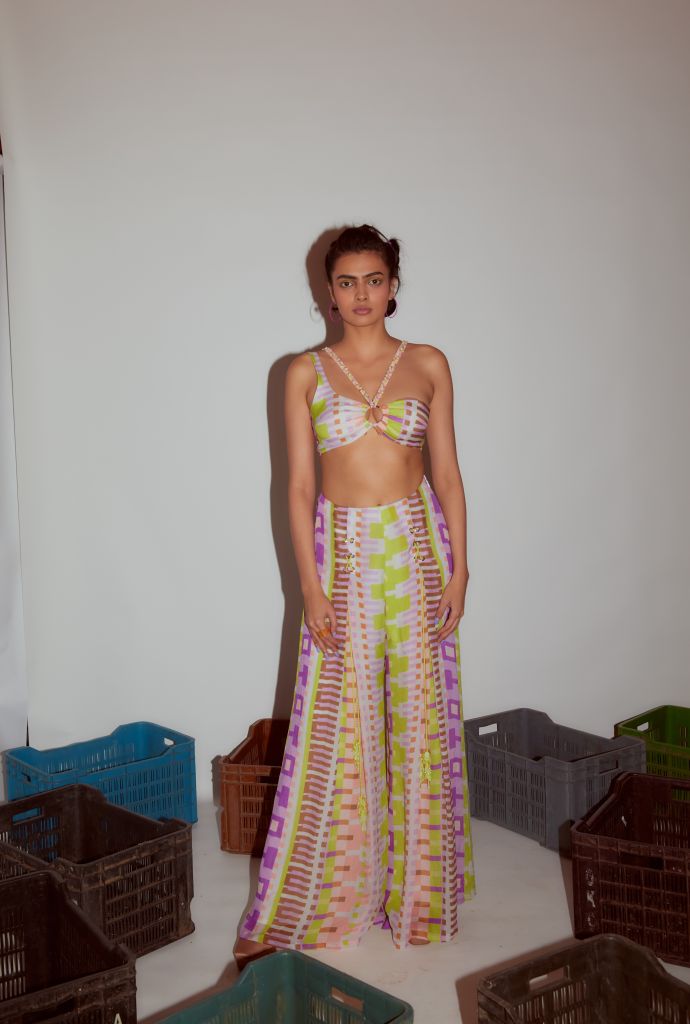 Geometric Printed Flared Pants with Rivet Detailing - Sale