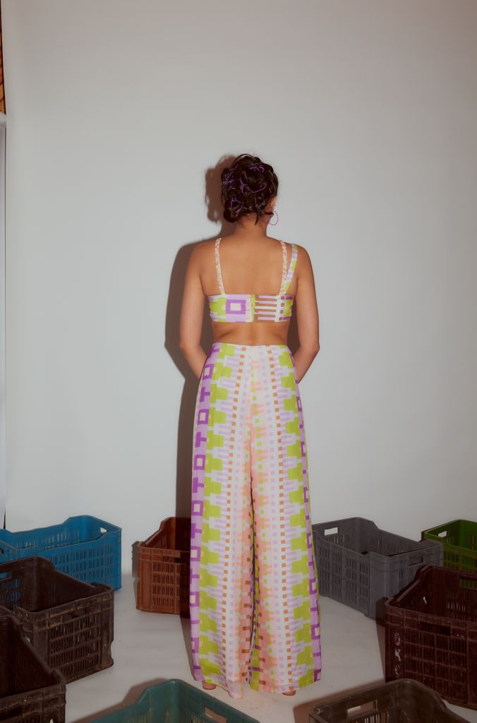 Geometric Printed Flared Pants with Rivet Detailing - Sale