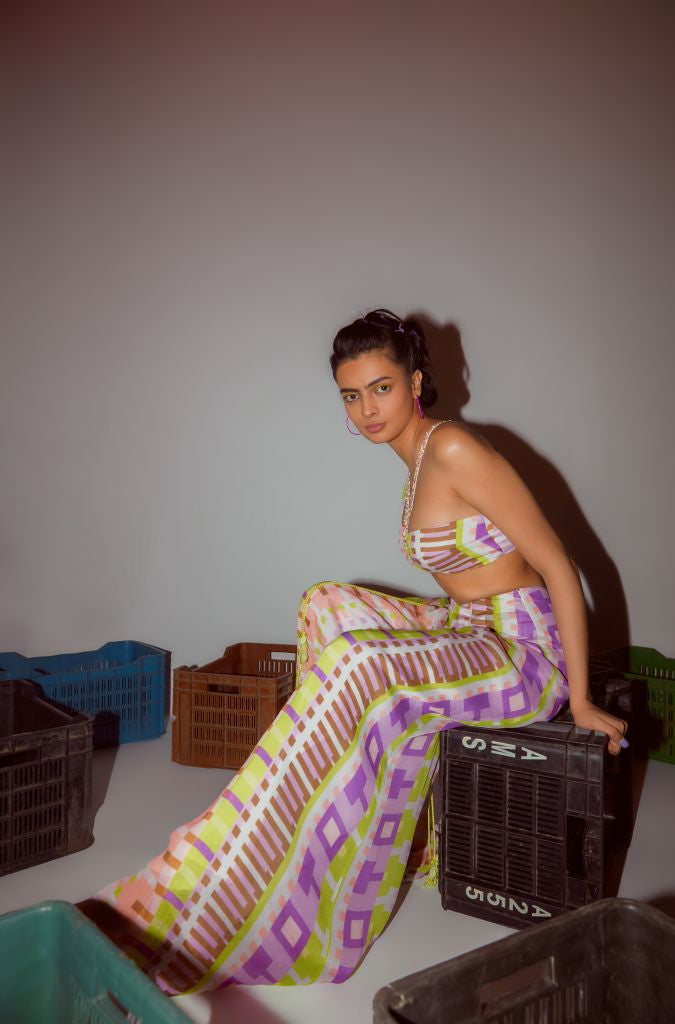 Geometric Printed Bralet with Hand Embroidered Straps and Center Ring Detailing - Sale