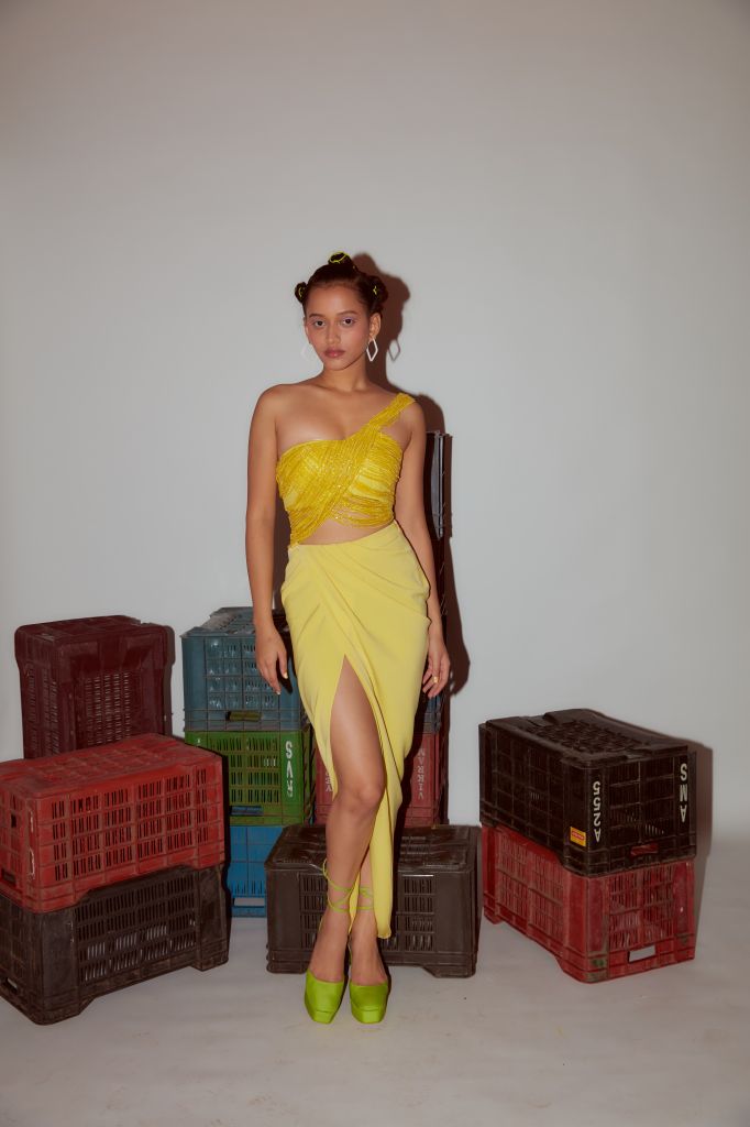 Lemon Yellow Hand Embroidered One Shoulder Tassel Top