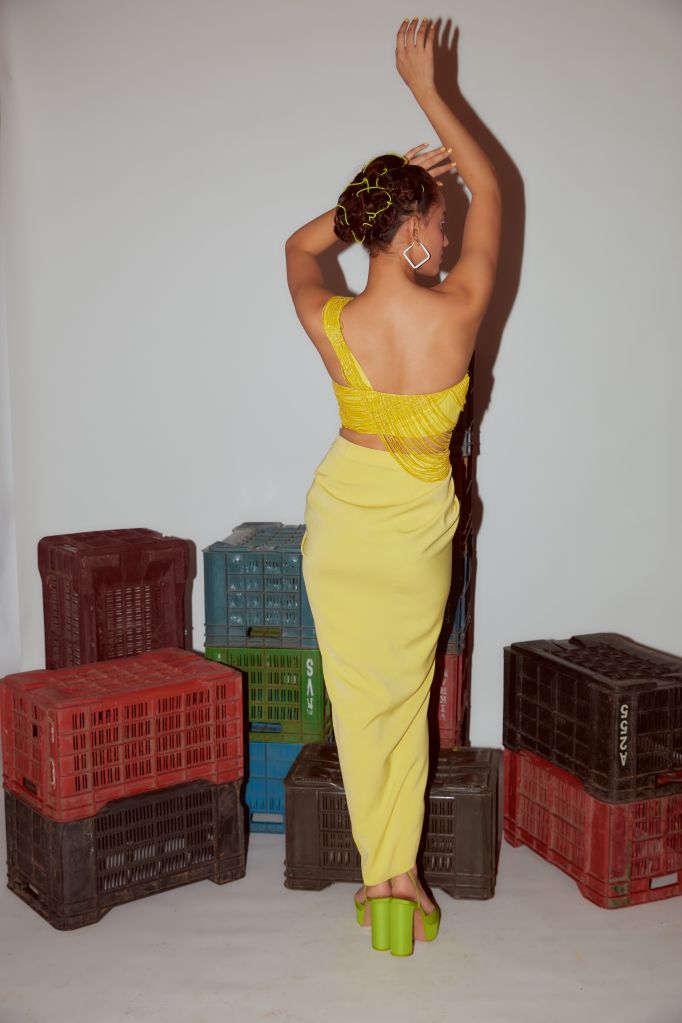 Lemon Yellow Hand Embroidered One Shoulder Tassel Top