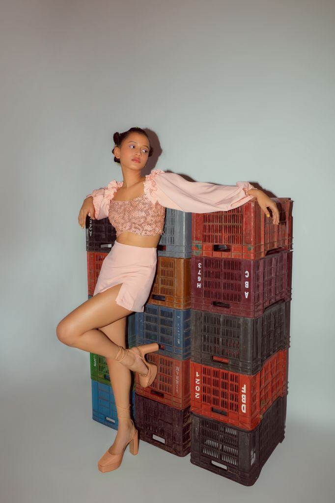 Peach Hand Embroidered Crop Top with Ruffle Detailing - Sale