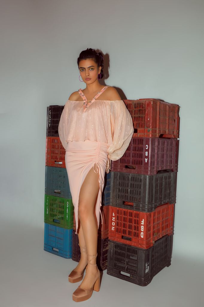 Peach Lurex Off Shoulder Top with Hand Embroidered Neckline - Sale