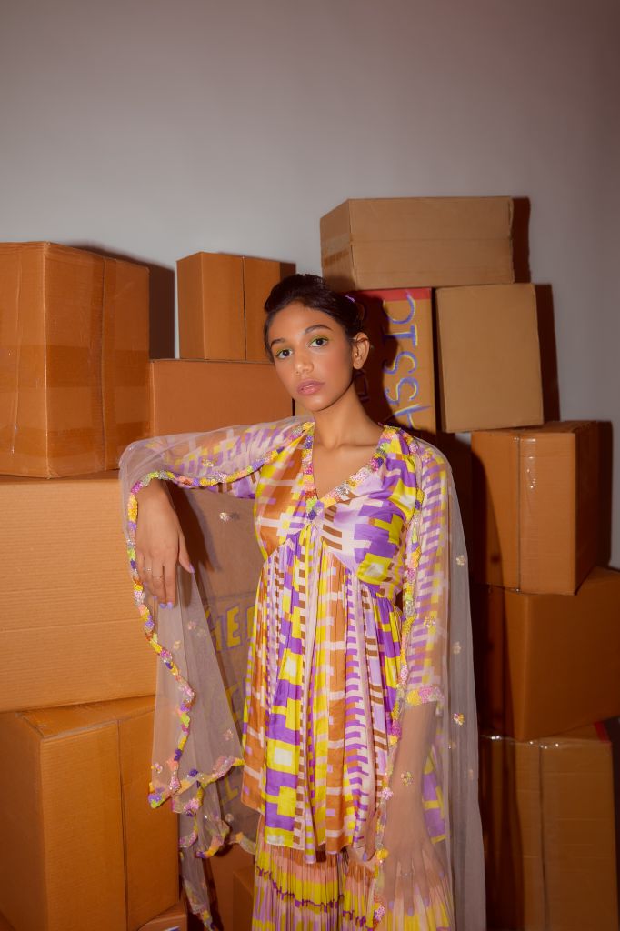 Geometric Printed Embellished Sharara Set with Dupatta