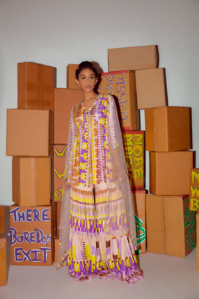 Geometric Printed Embellished Sharara Set with Dupatta