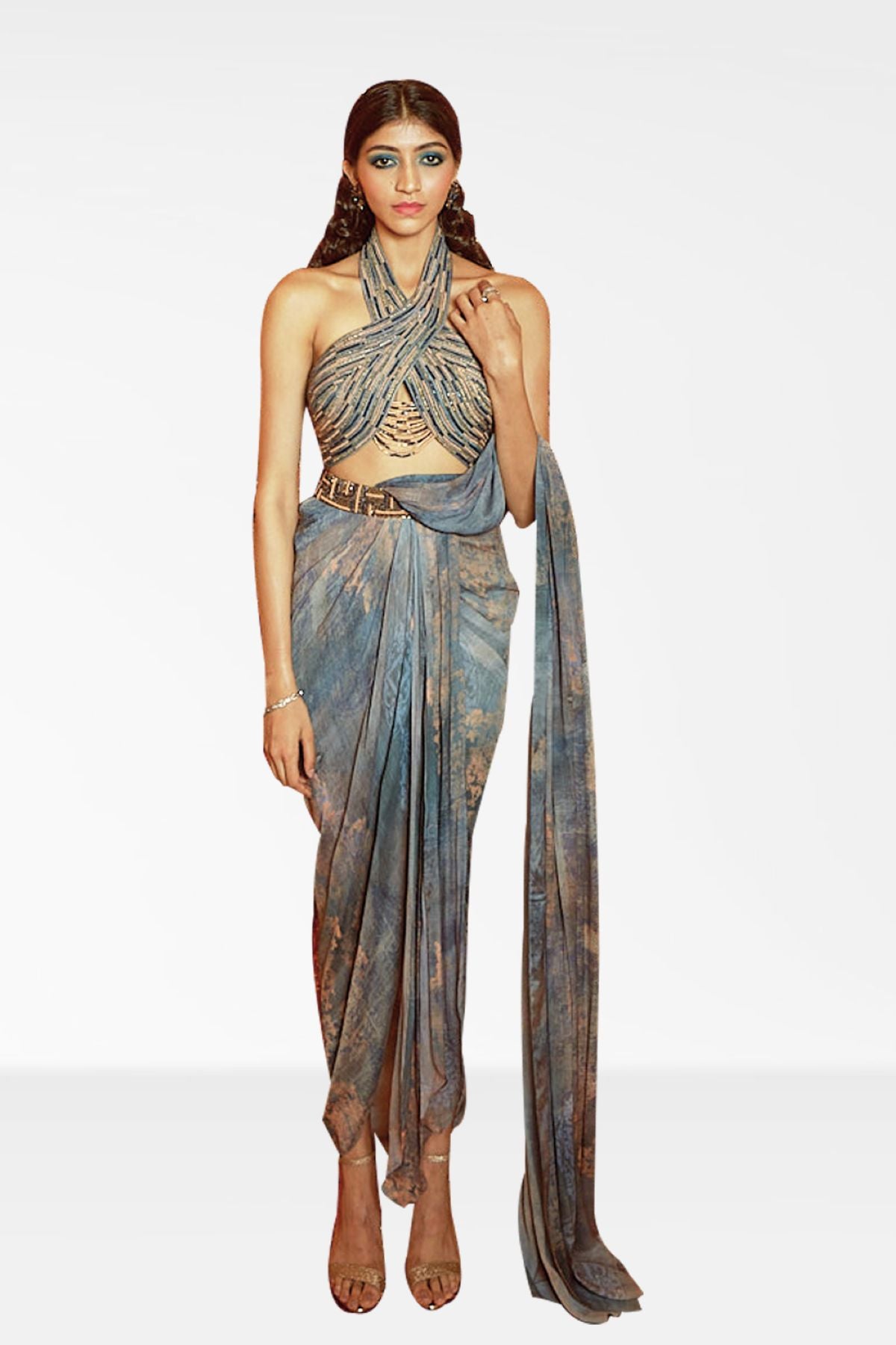 Pre Draped Printed Saree Set