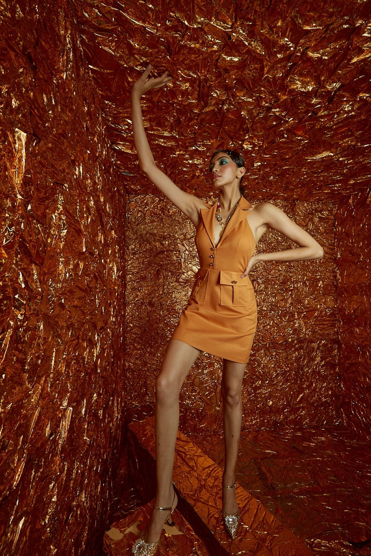 Mustard Suiting Halter Neck Mini Dress