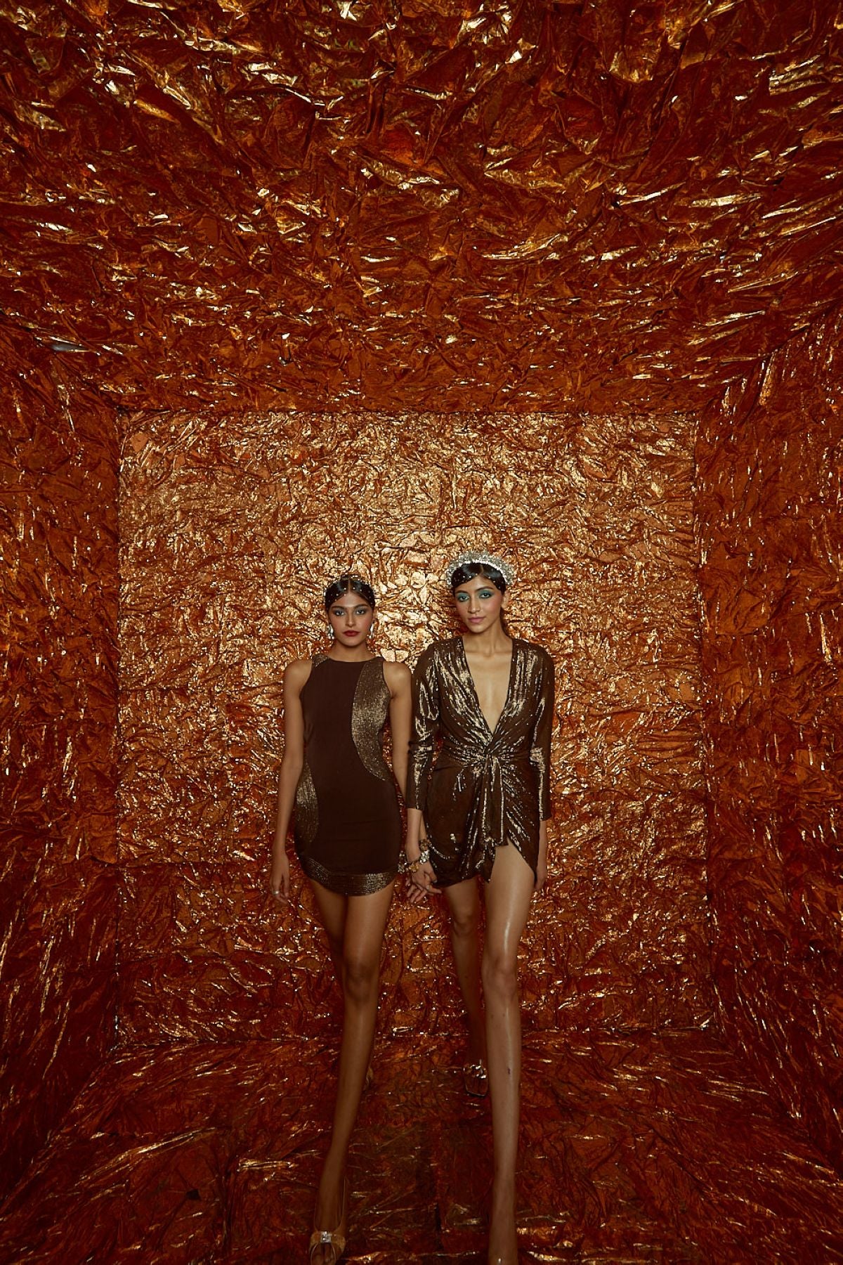 Brown Lurex Overlapping Draped Dress