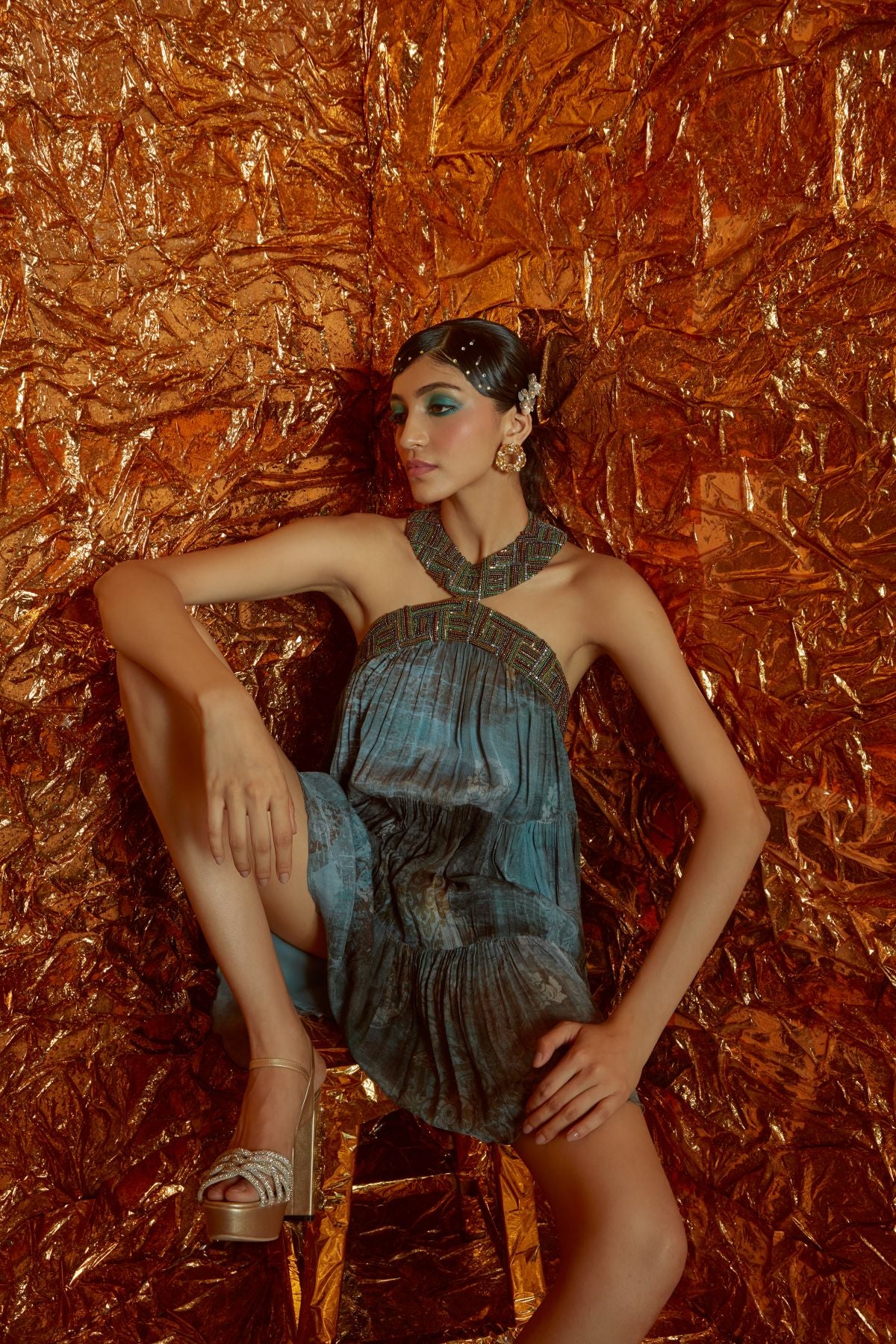 Printed Chiffon Tiered Mini Dress with Embroidered Neckline