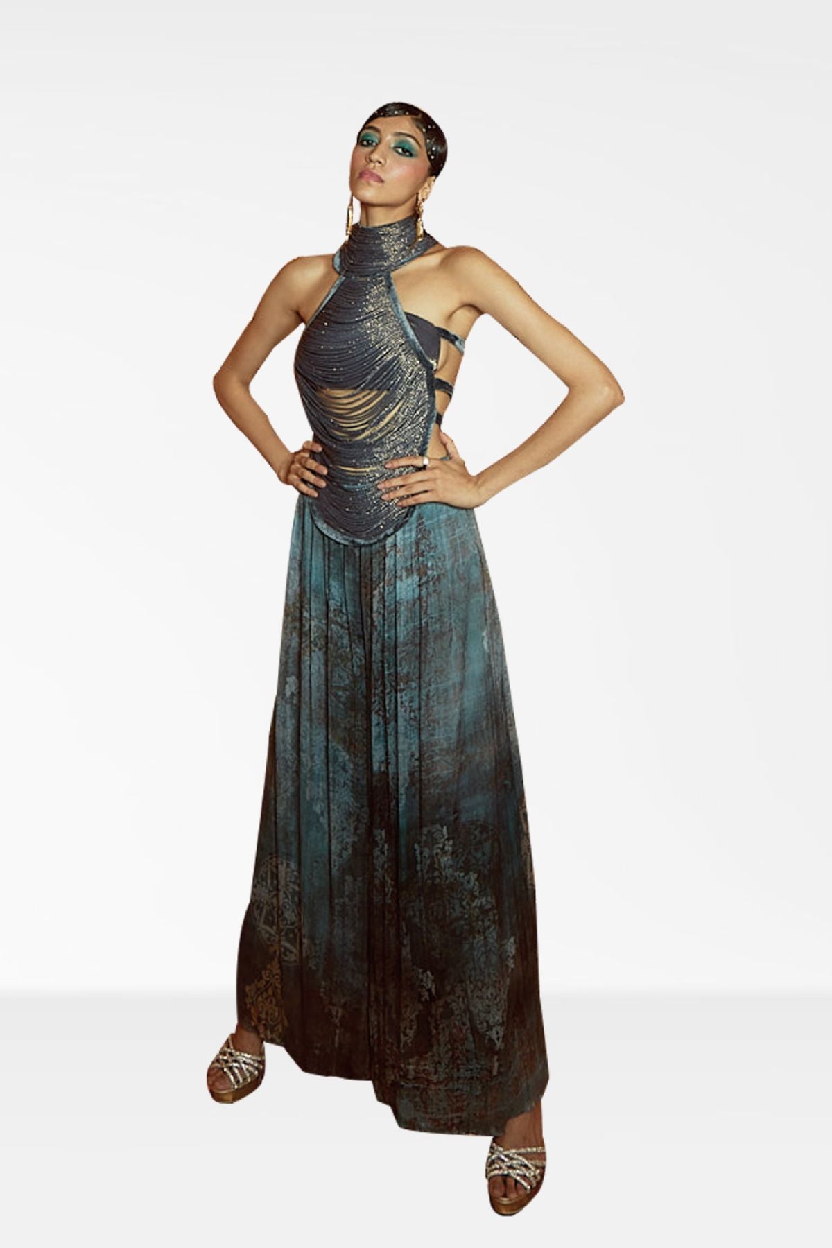 Grey Chiffon Printed Flared Pants