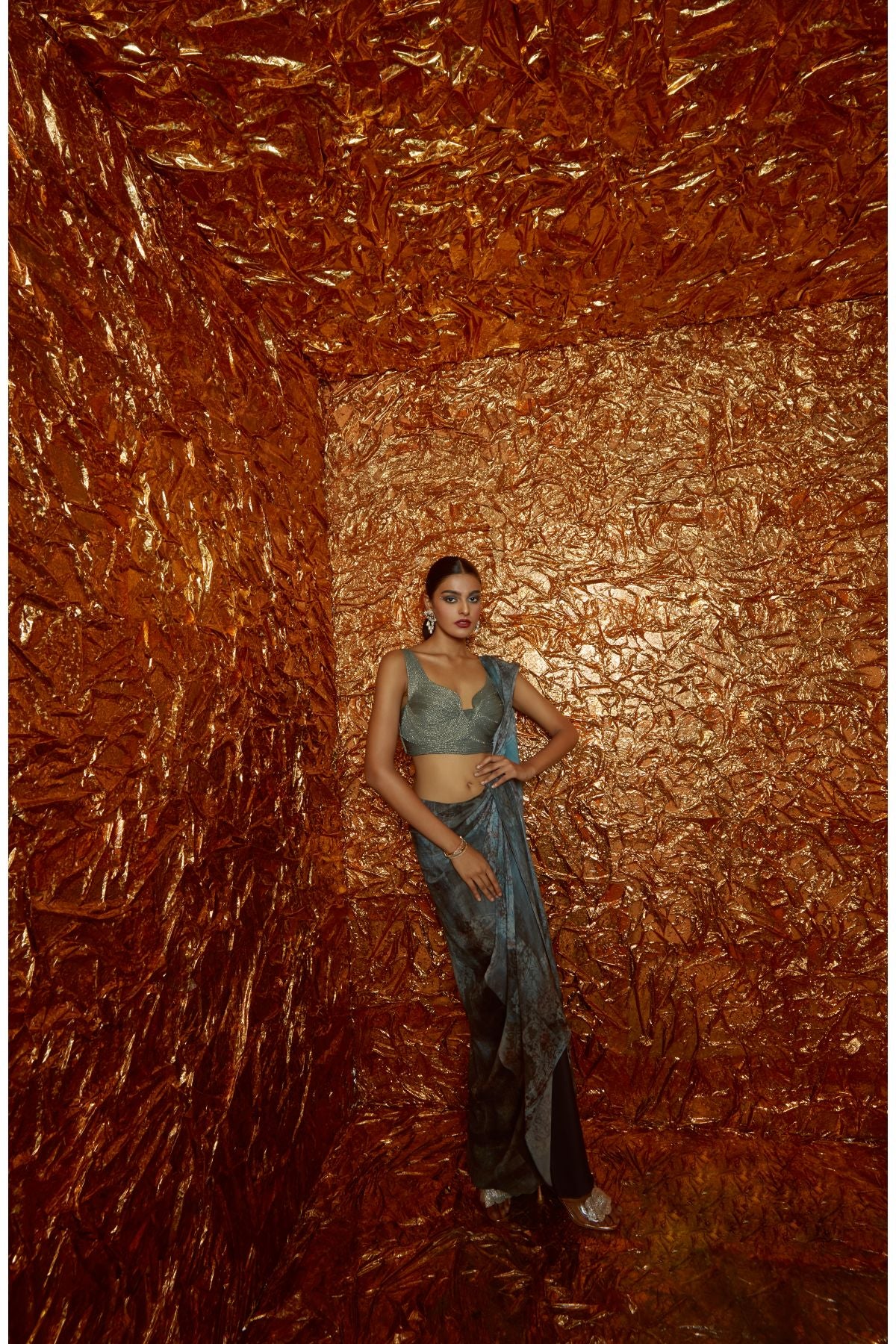 Pre Draped Chiffon Printed Saree with Cording Blouse