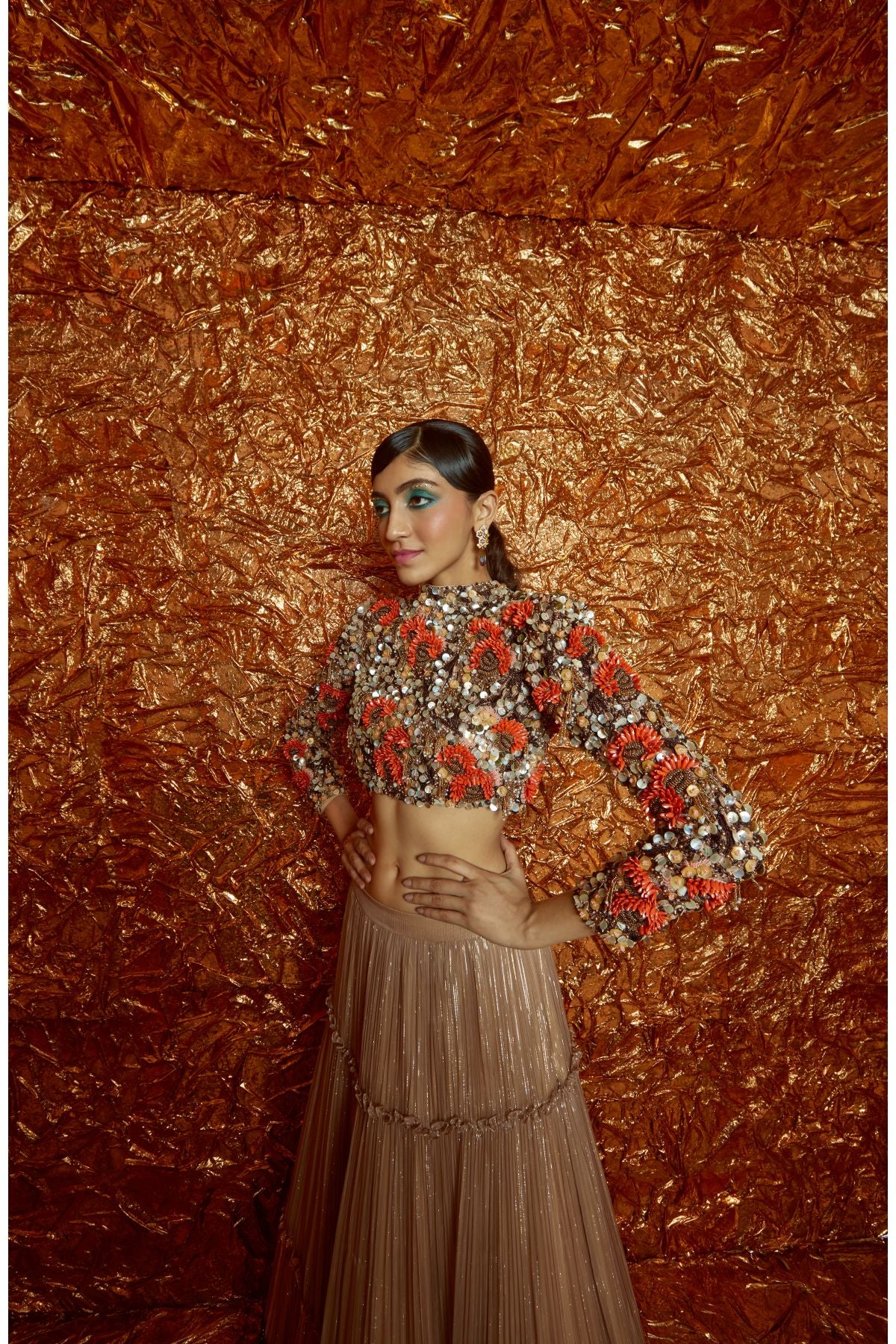 Sunflower Embroidered Crop Top and Lehenga Set