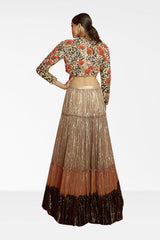 Sunflower Hand-Embroidered Crop Top with Tri Coloured Tiered Lurex Lehenga