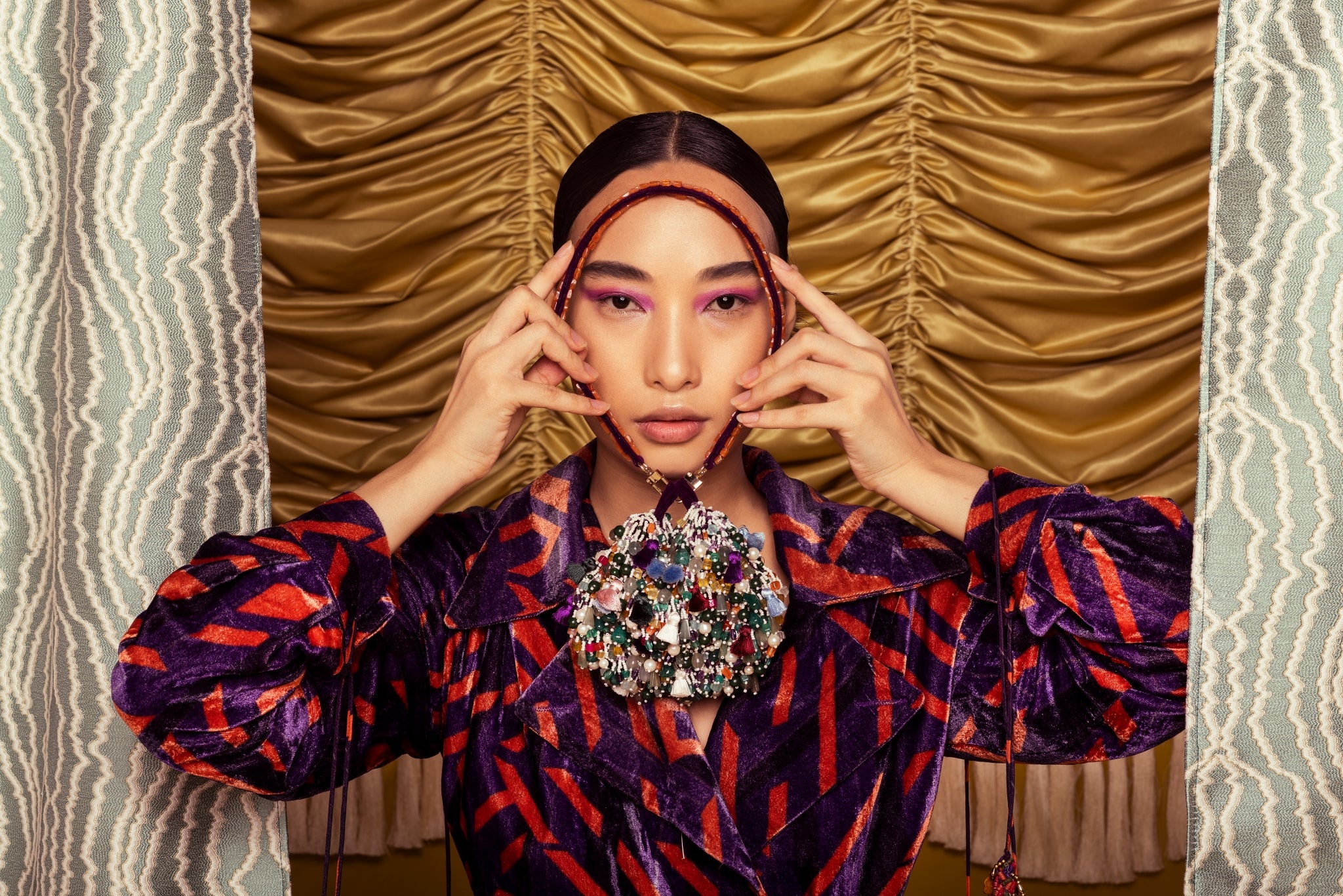 Harshita in Printed Velvet Trench With Attached Tassles and Printed Velvet Pants from Caged Kalidoscope Collection