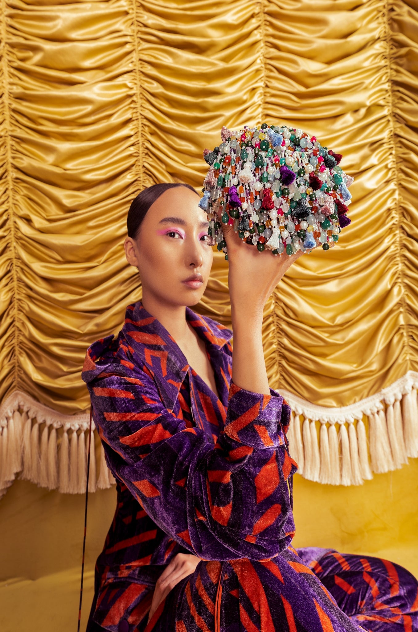 Harshita in Printed Velvet Trench With Attached Tassles and Printed Velvet Pants from Caged Kalidoscope Collection