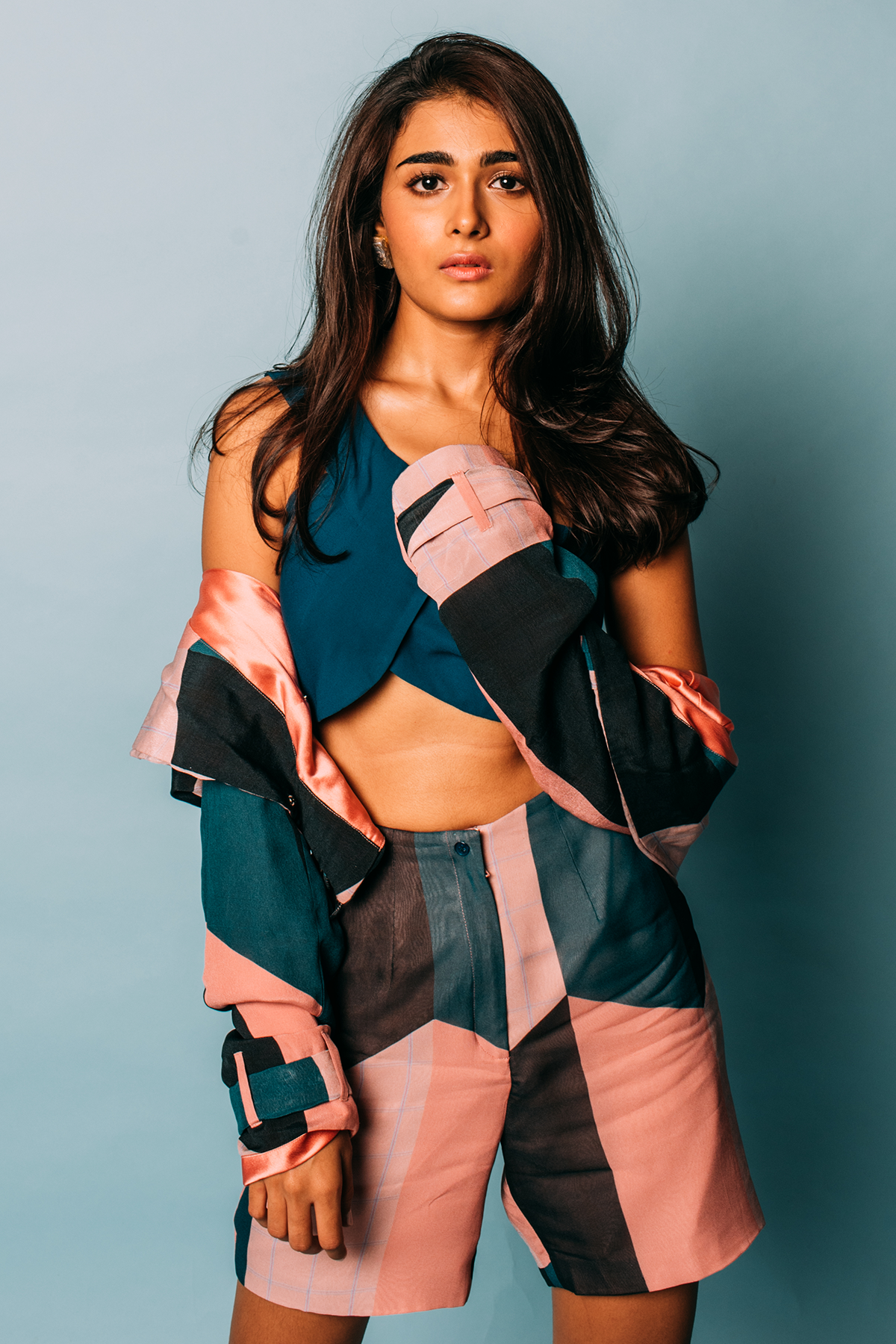 Shalini Pandey in Nirmooha's Short Printed Jacket, Shorts and top