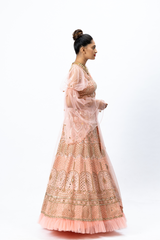 Dusty Pink Hand-embroidered Lehenga paired with Hand-embroidered Blouse with Elongated Sleeves and Hand-embroidered Dupatta with Buttis