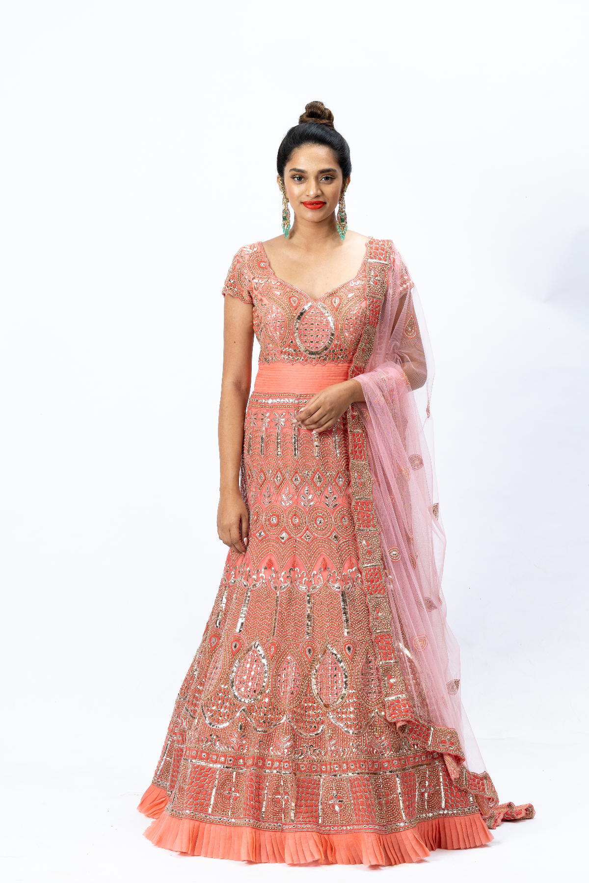 Coral Hand-embroidered Gown with Churidaar and Hand-embroidered Dupatta with Buttis