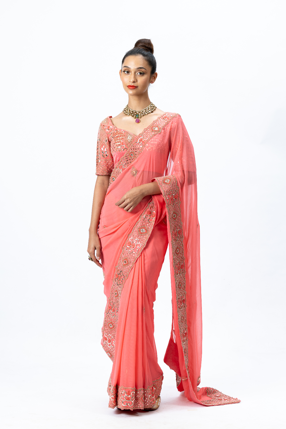 Coral Hand-embroidered Sari paired with Hand-embroidered Blouse and Petticoat