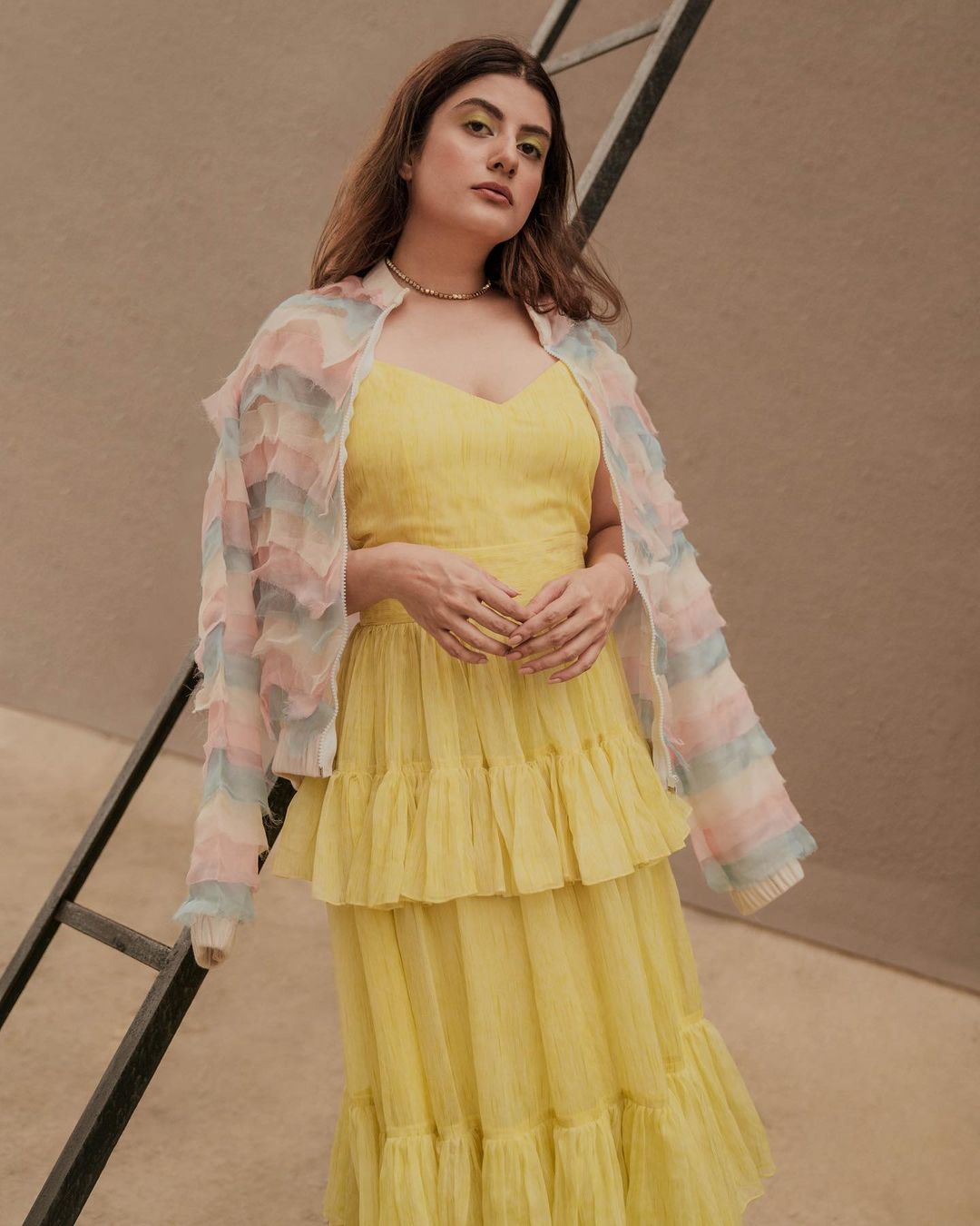 Trishala Sikka In Gown and Organza Tiered Bomber Jacket