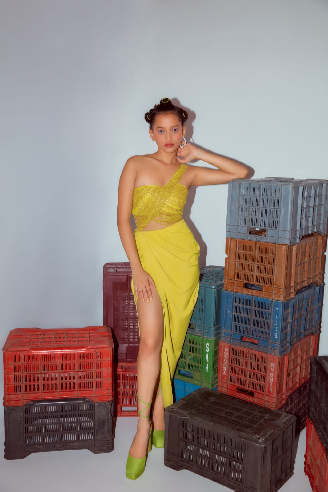 Lemon Yellow Hand Embroidered One Shoulder Tassel Top