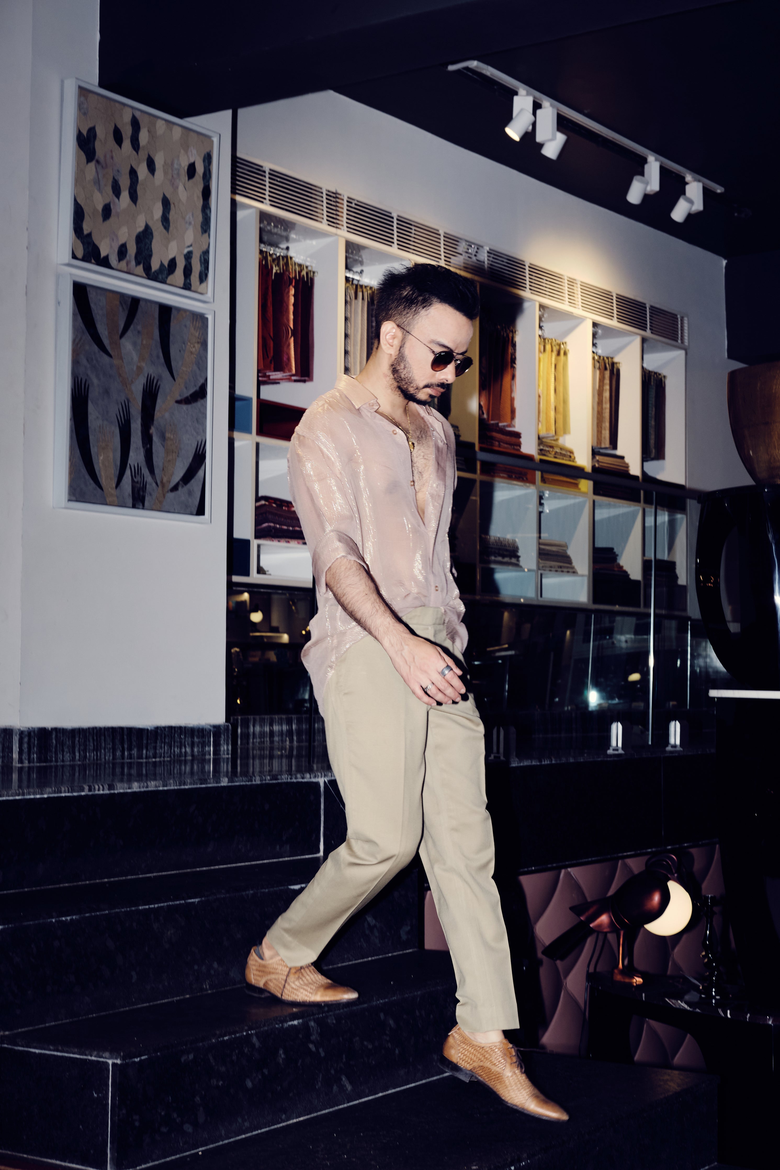Manish Mishra in Nirmooha's Beige Lurex Shirt from Ancienne Collection