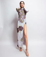 Printed Body Fitted Dress with Embroidery &  Side Slit