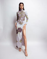 Printed Body Fitted Dress with Embroidery &  Side Slit