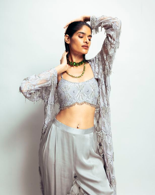 Embroidered Blouse with Pants and Shrug