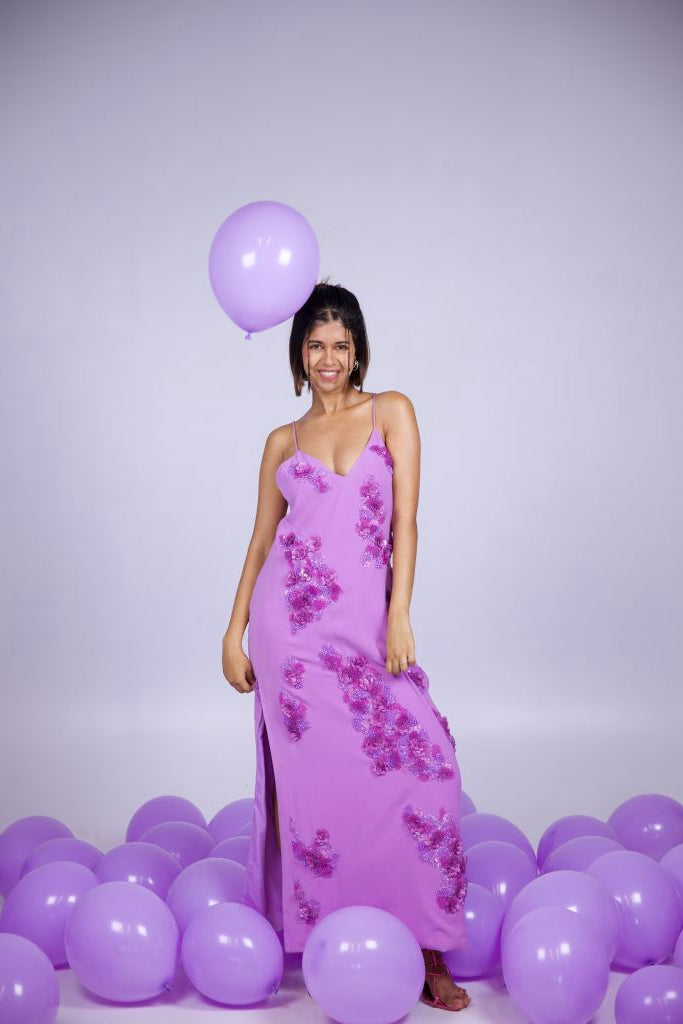 Sejal Kumar In our Lilac Hand Embroidered Slip Dress from Magical Wilderness Collection