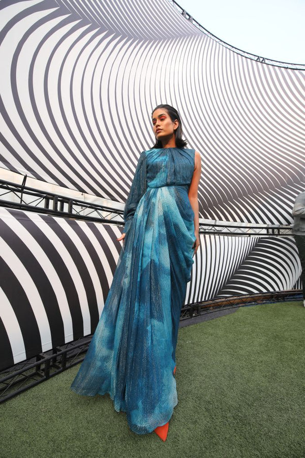 Pryanca Talukda in our Jade Blue Blotched Printed Drape Gown With One Shoulder from Matrix Collection