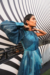 Pryanca Talukda in our Jade Blue Blotched Printed Drape Gown With One Shoulder from Matrix Collection
