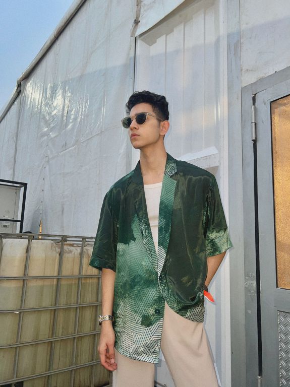 Jeet Tailor in our Emerald Green Bloched Print Haiwiian Shirt from Matrix Collection